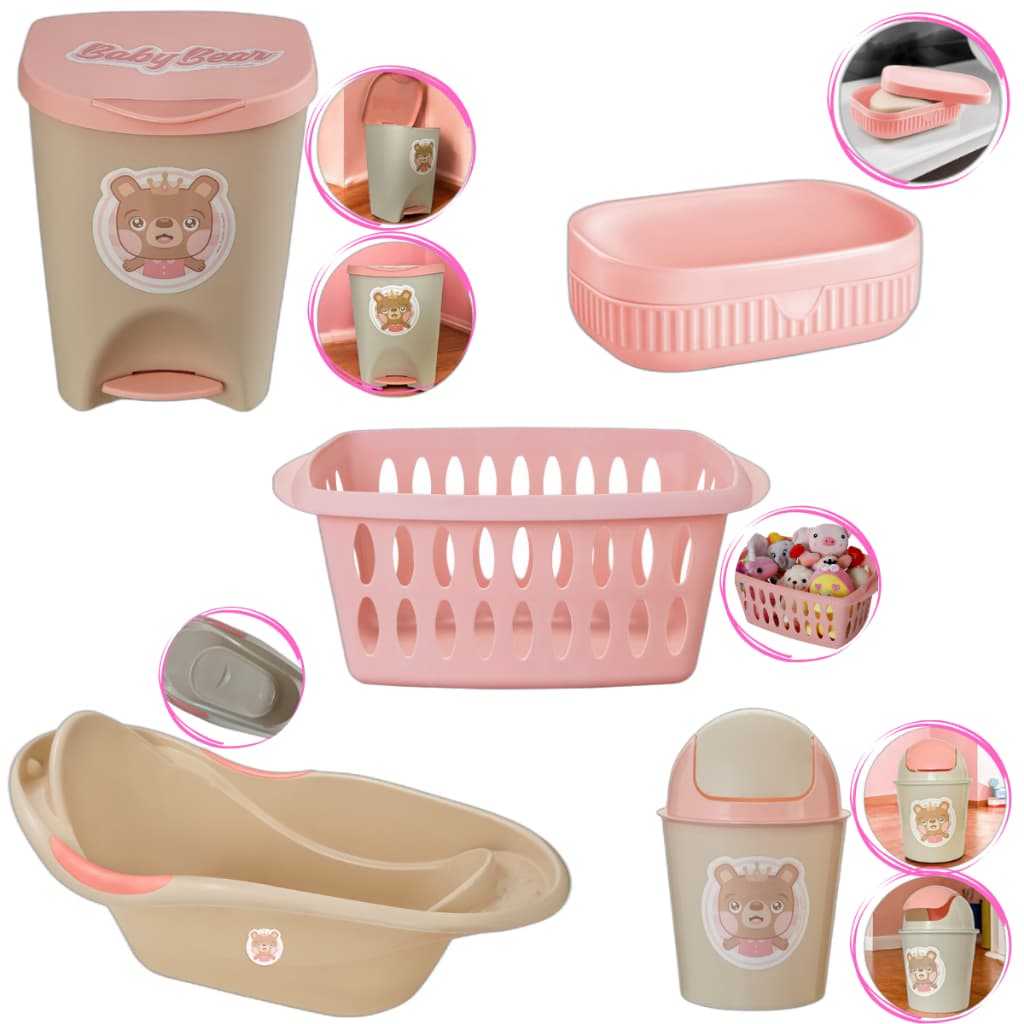 Kit Para Banho Quarto Bebê Baby Menino Menina Banheira Saboneteira Cesto E Lixeiras Rosa
