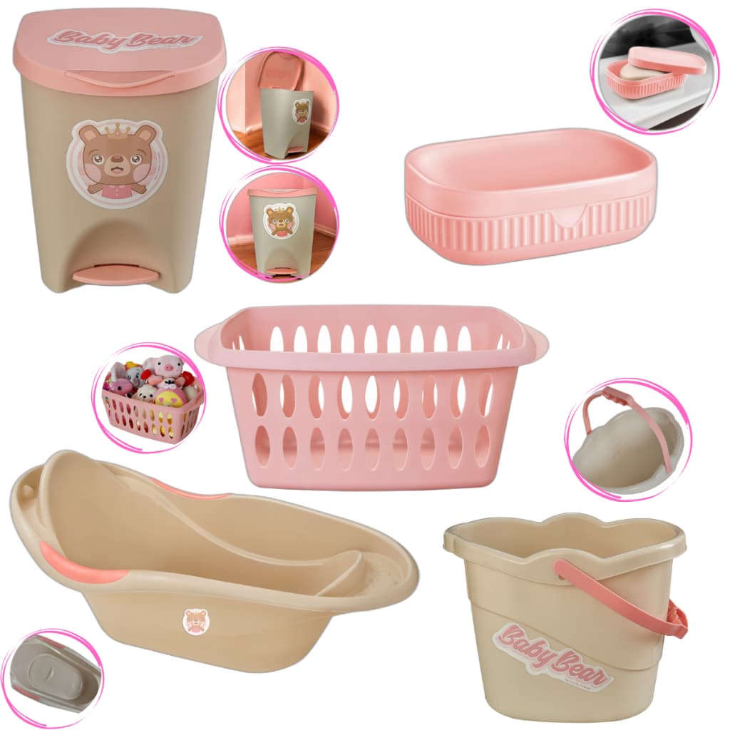 Kit Para Banho Quarto Bebê Baby Menino Menina Banheira Saboneteira Cesto Baldinho E Lixeira Rosa