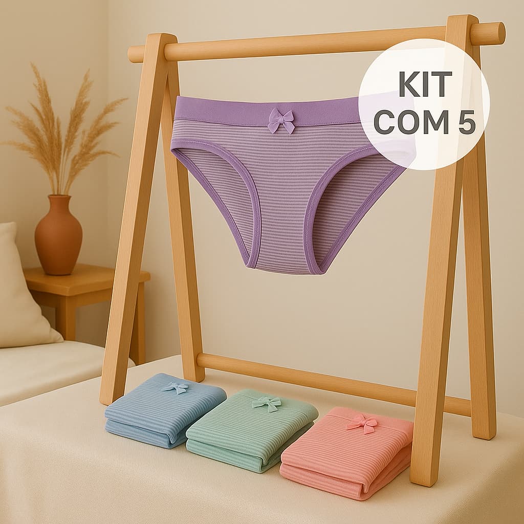 Kit 5 Calcinhas Tanga Premium 100% Algodão Listrada Conforto Feminina Cores Sortidas