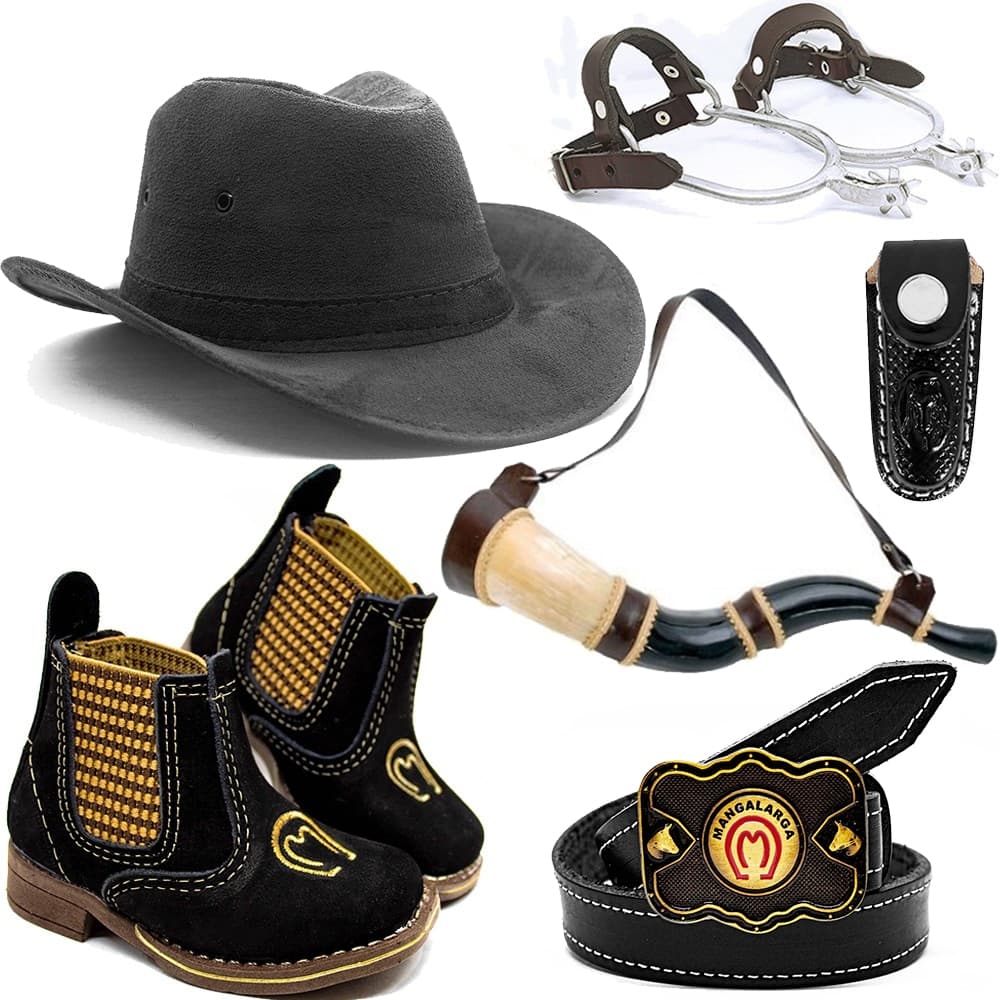 Kit Infantil Country Botina Chapeu Cinto Couro Berrante Espora E Bainha
