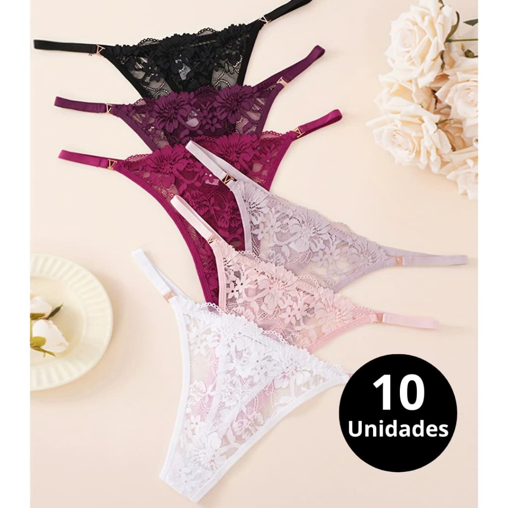 Kit 10 Calcinha Fio Dental Sexy de Renda Calcinhas com Regulagem Feminina Tanga Sensual