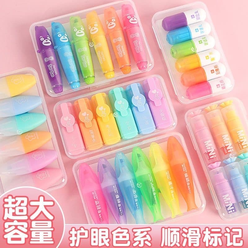 Kit 10 Pacotes/Com 6 Peças Mini Marcador De Texto / Kawaii Desenho Fofo Marca Texto