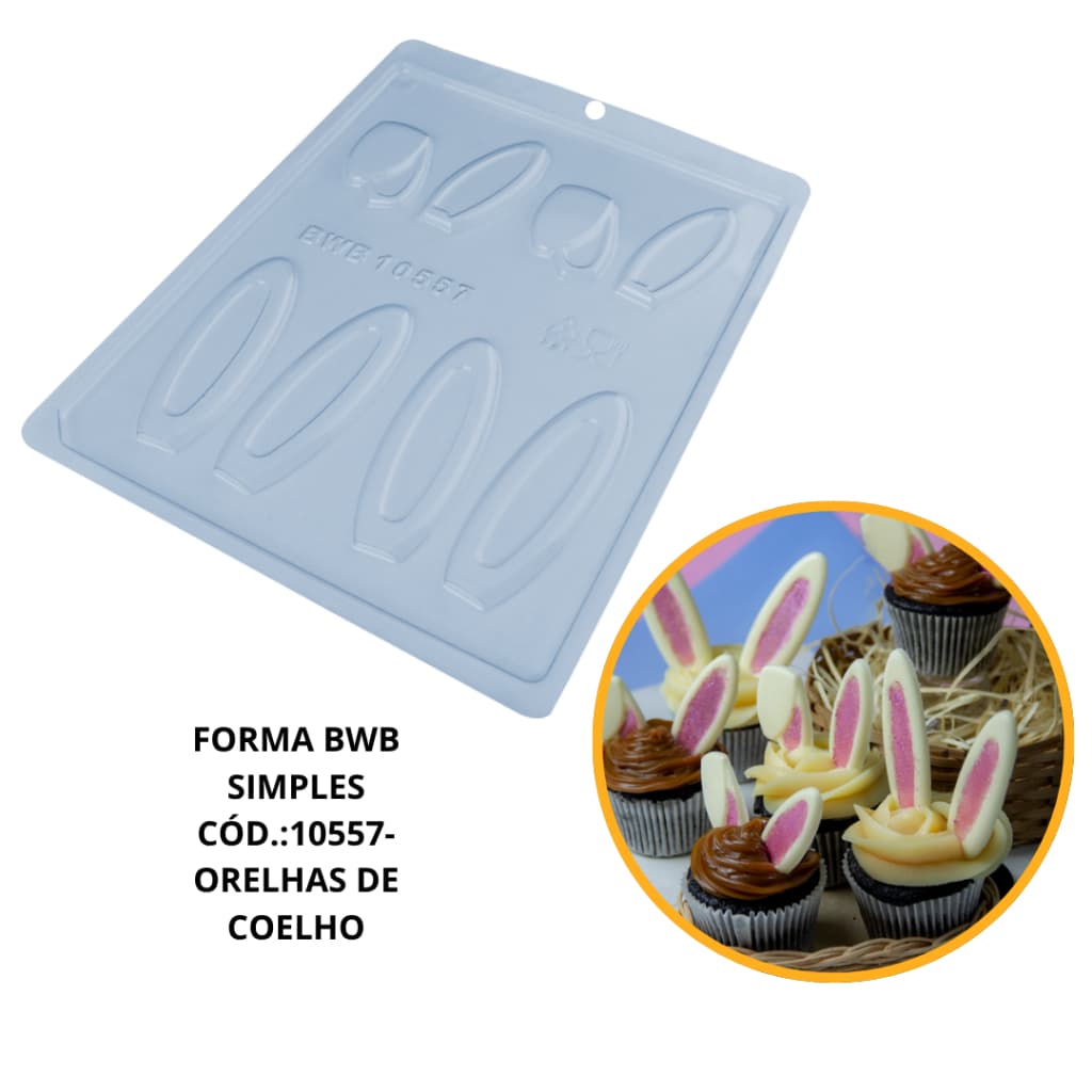 1~6 FORMAS PARA CHOCOLATE BWB APLIQUES ORELHAS DE COELHO SIMPLES CÓD.:10557