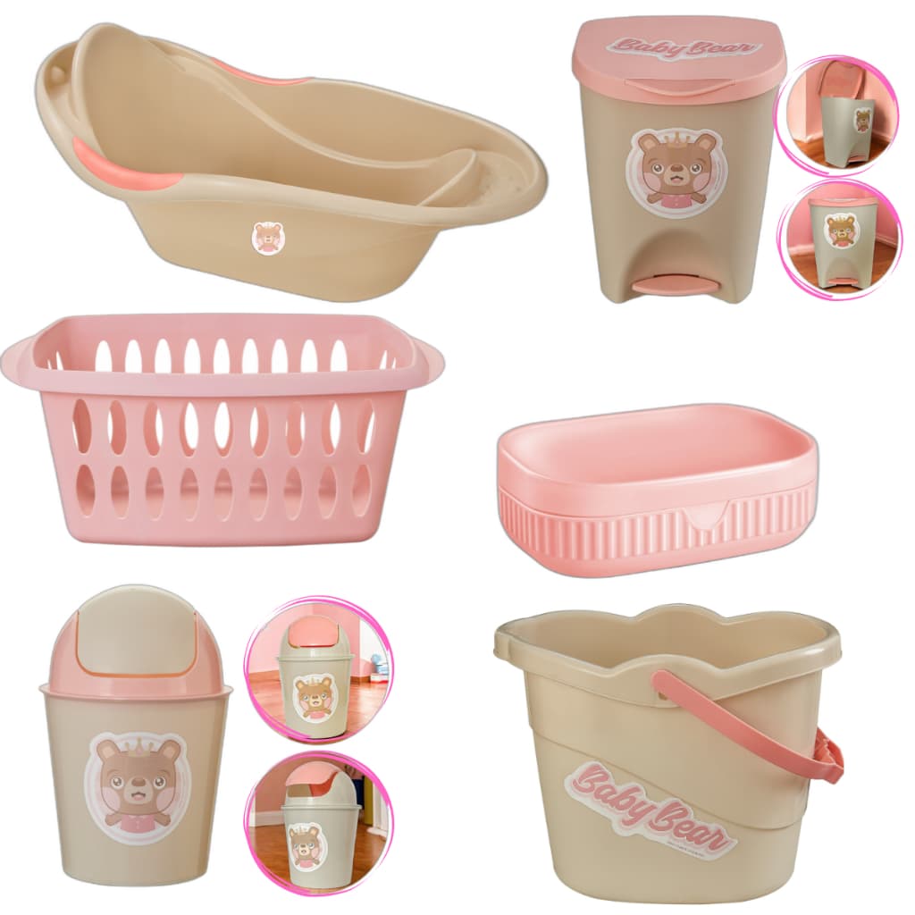 Kit Para Banho Quarto Bebê Baby Menino Menina Banheira Saboneteira Cesto Baldinho E Lixeiras Rosa