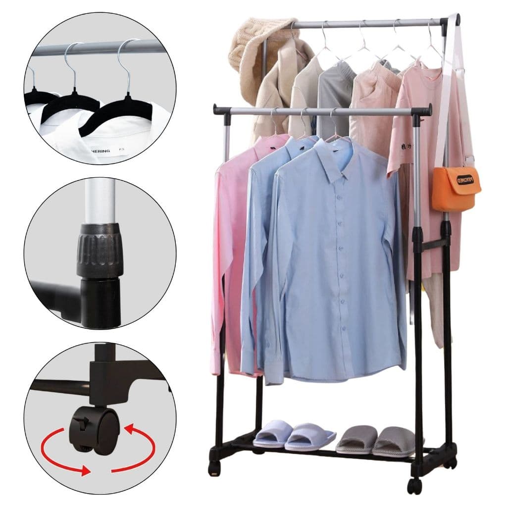 Cabideiro De Chão Arara Organizador De Roupas Com Sapateira Rodinhas Regulável