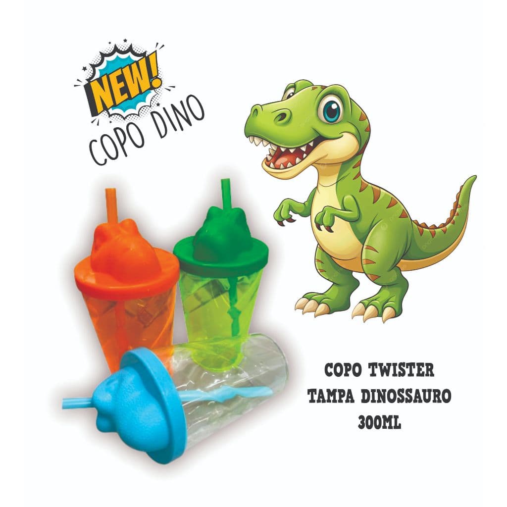 10 Copos Twister 300ml Tampa Dinossauro Acrílico Liso Festa Infantil, Brinde Infantil, Jurassic Park