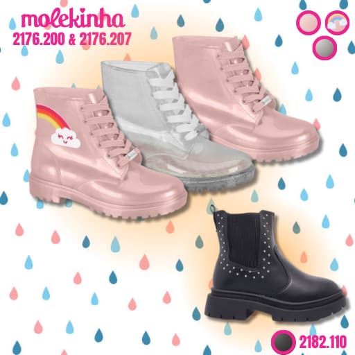Bota Coturno Tratorada Infantil Menina Molekinha PVC Perolado Multicolor Cristal Dias Chuvosos