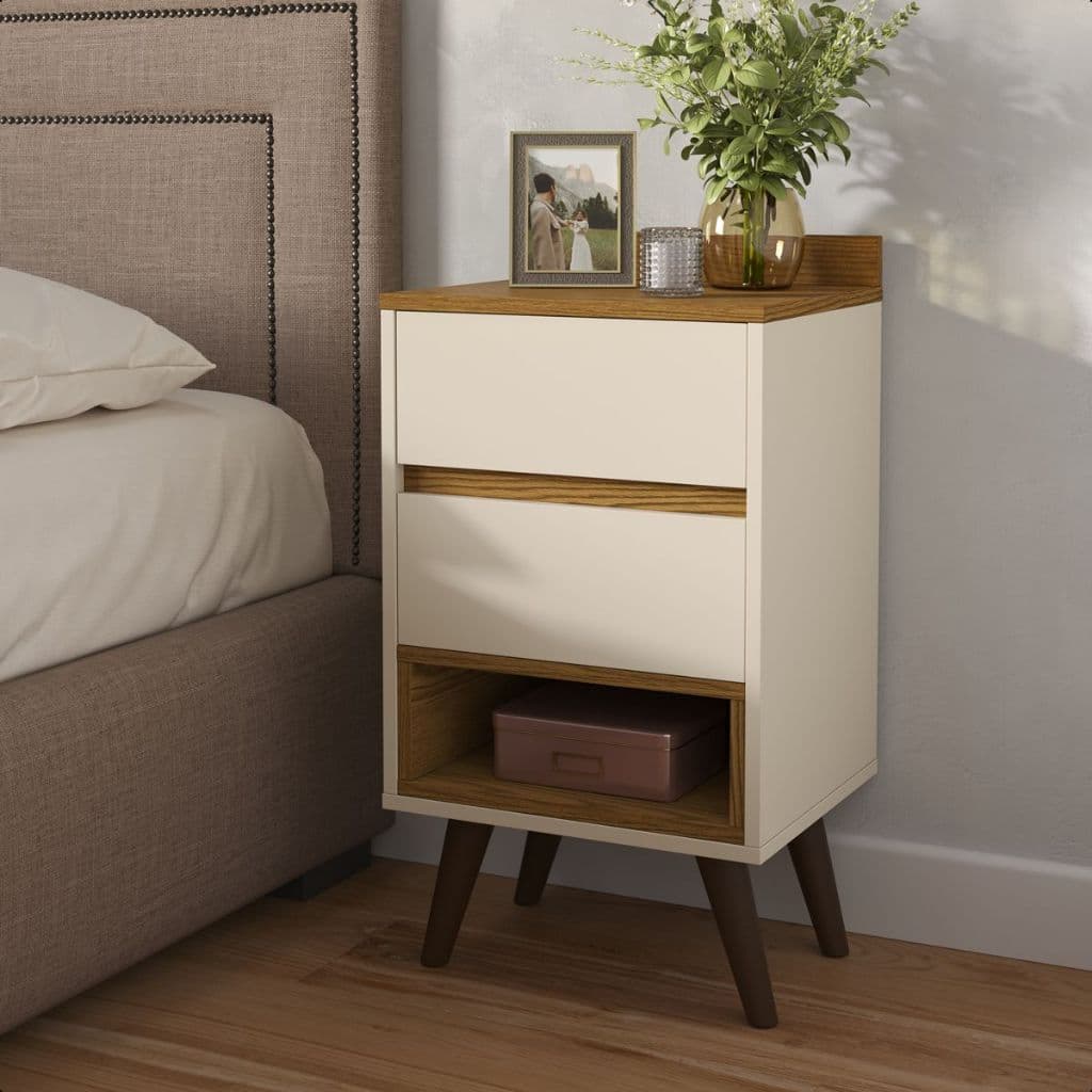 Mesa de Cabeceira Pés Palito Retrô com 2 Gavetas Nicho para Quarto Cama Decorativo