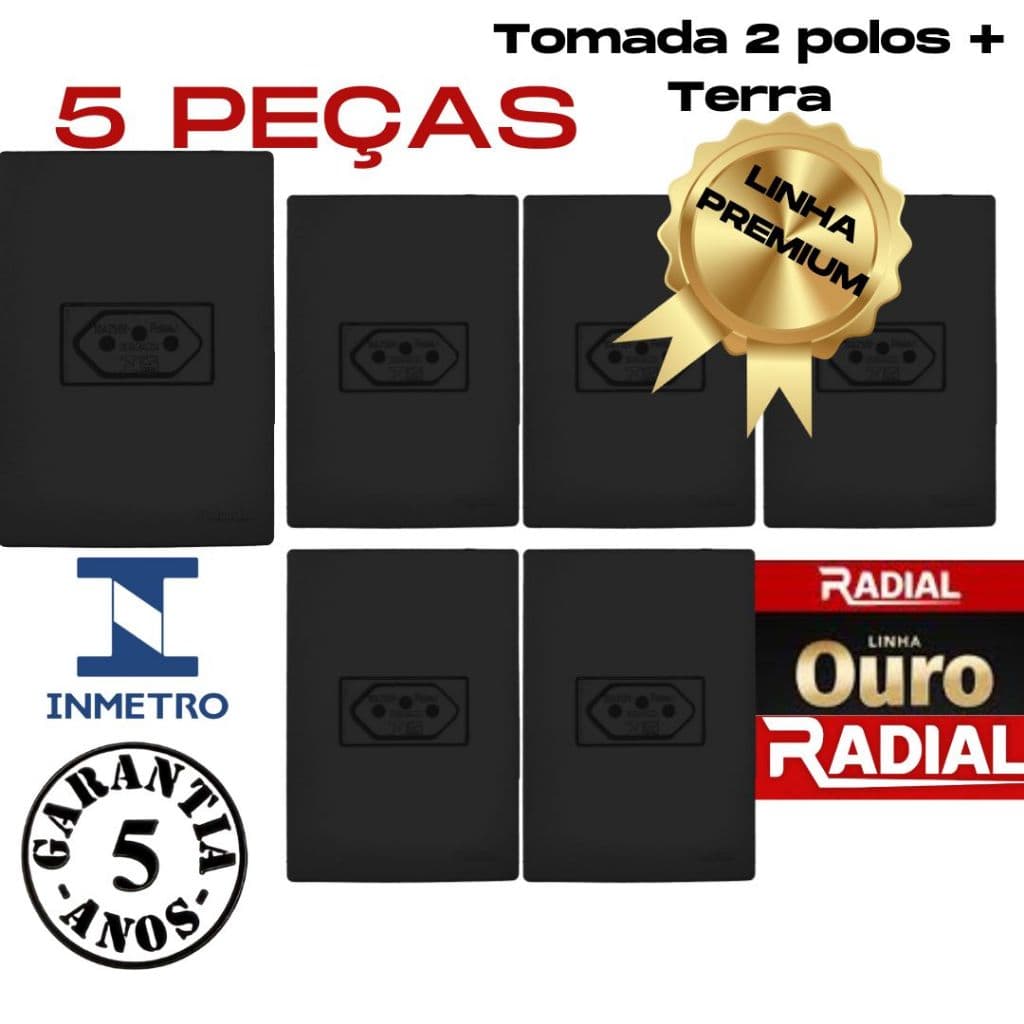 Kit 5 Tomadas 2 Polos + Terra 10A / 20A Linha Ouro Preto Fosco Modular 4x2 Com Placa 110-220v