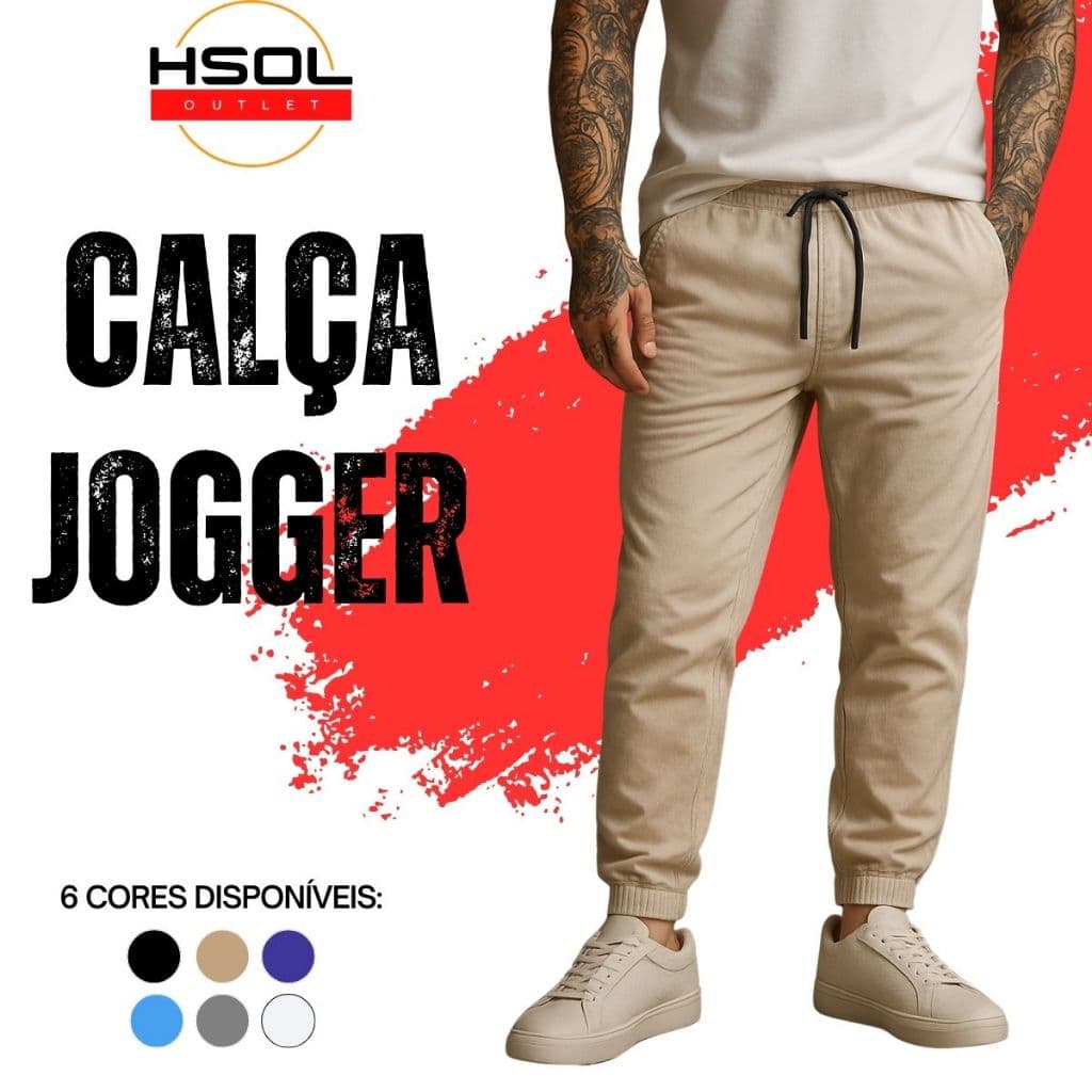 Calça Jogger Masculina Sarja Elastano Punho Ajustável e Bolsos
