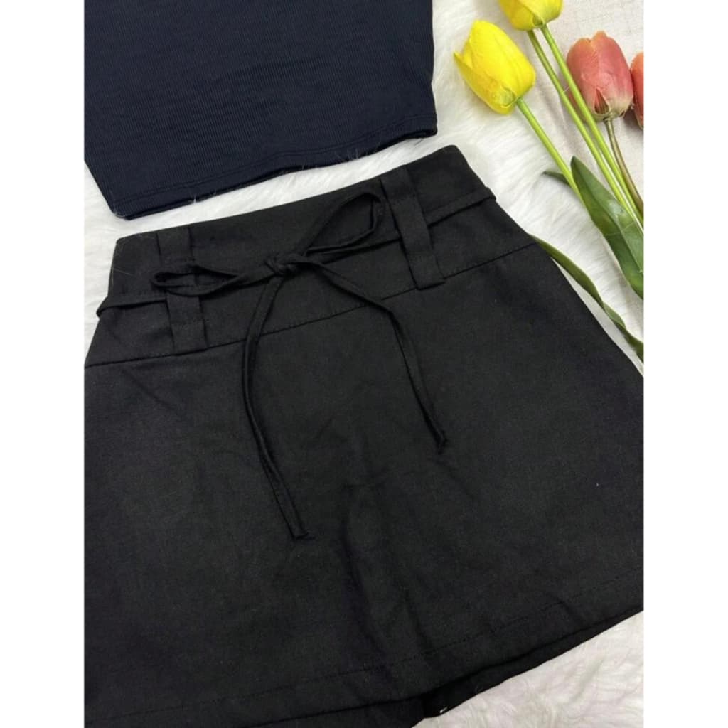 Short Saia Feminino em Linho com Amarração Cintura Alta  Visual Chic Shorts