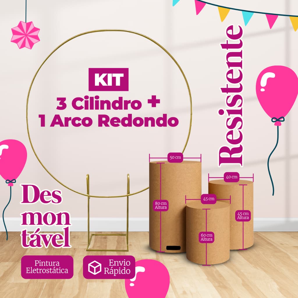 kit 3 Cilindro Mdf + Arco Redondo Ferro Desmontavel 1,50