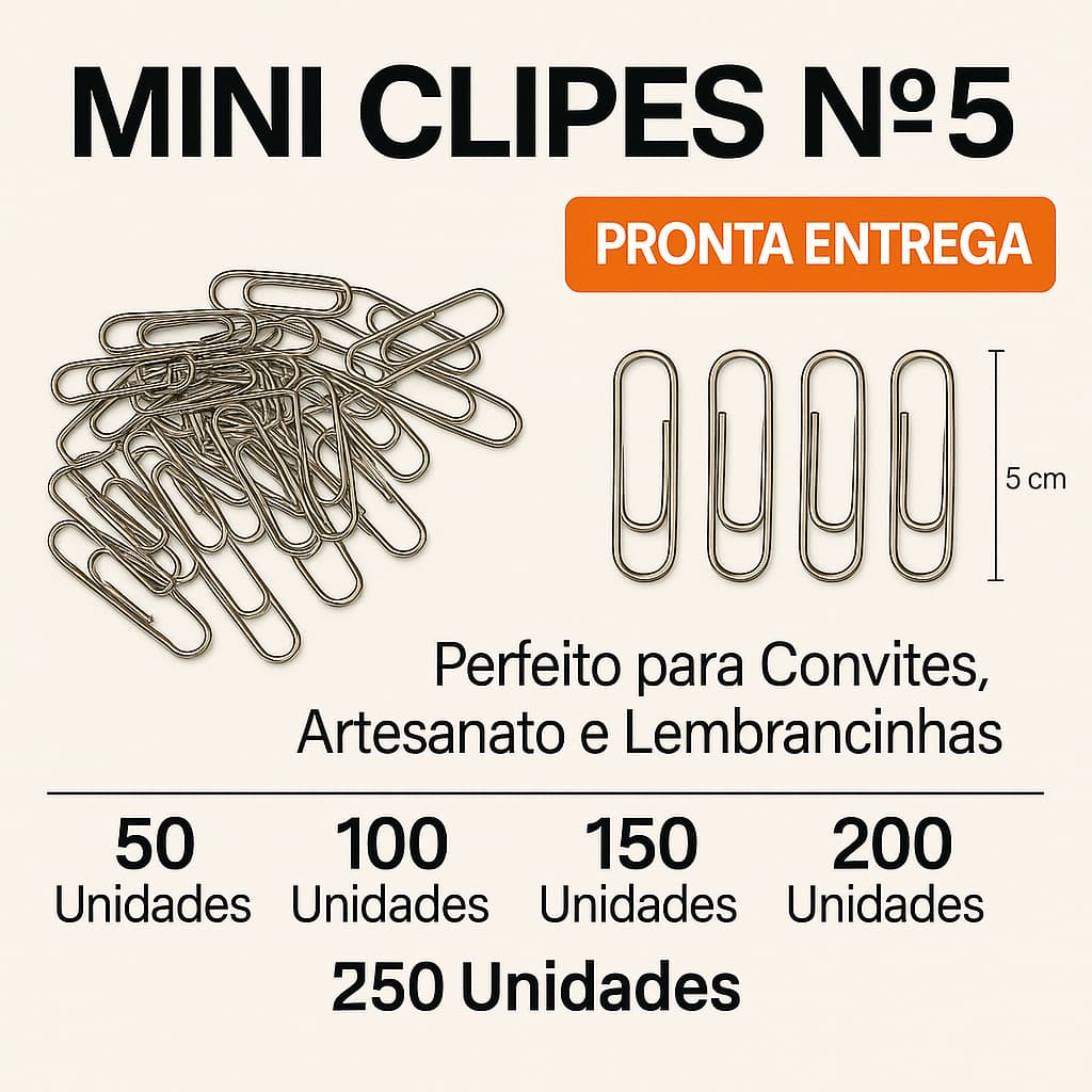 Clips de Papel Nº 5 - Prateado - Mini Clipes para Convites - Papelaria e Artesanato