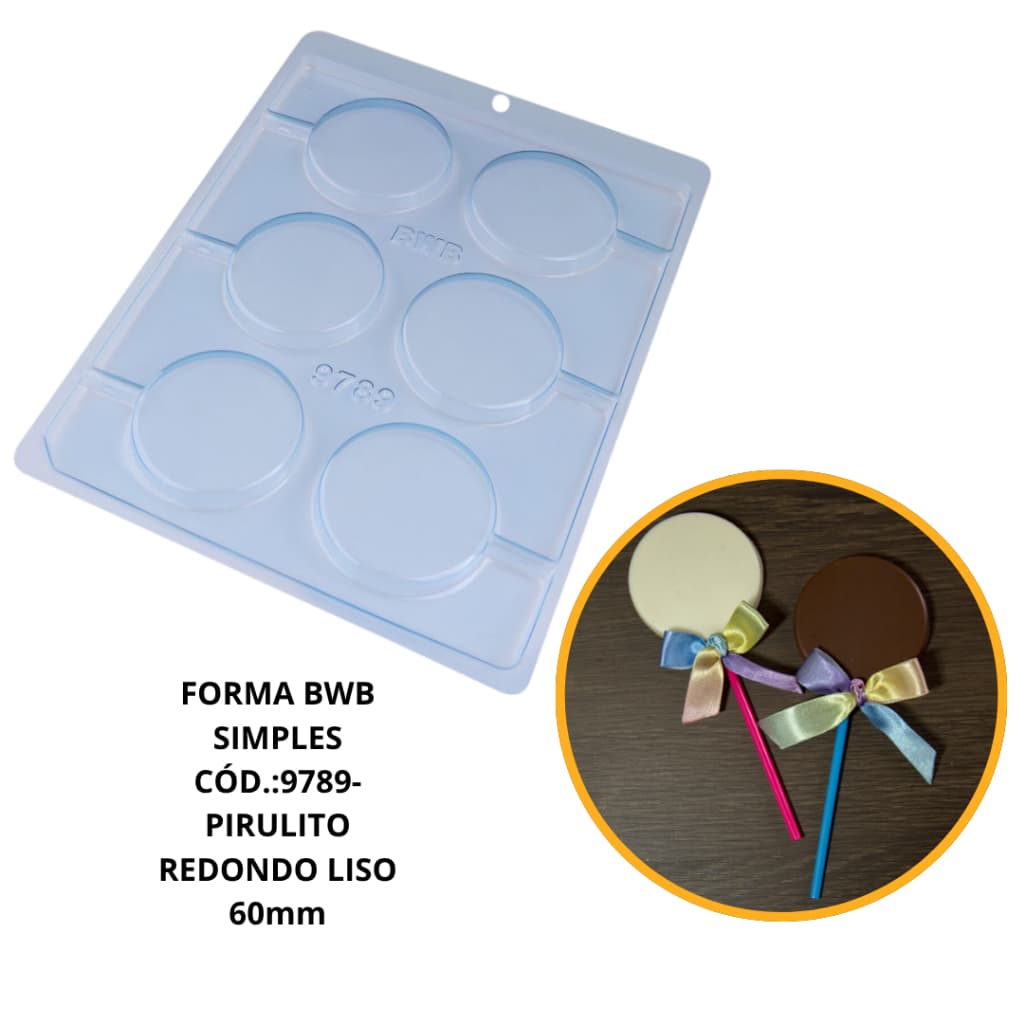 1~10 FORMAS SIMPLES PARA CHOCOLATE PIRULITO REDONDO LISO 60mm BWB CÓD.:9789