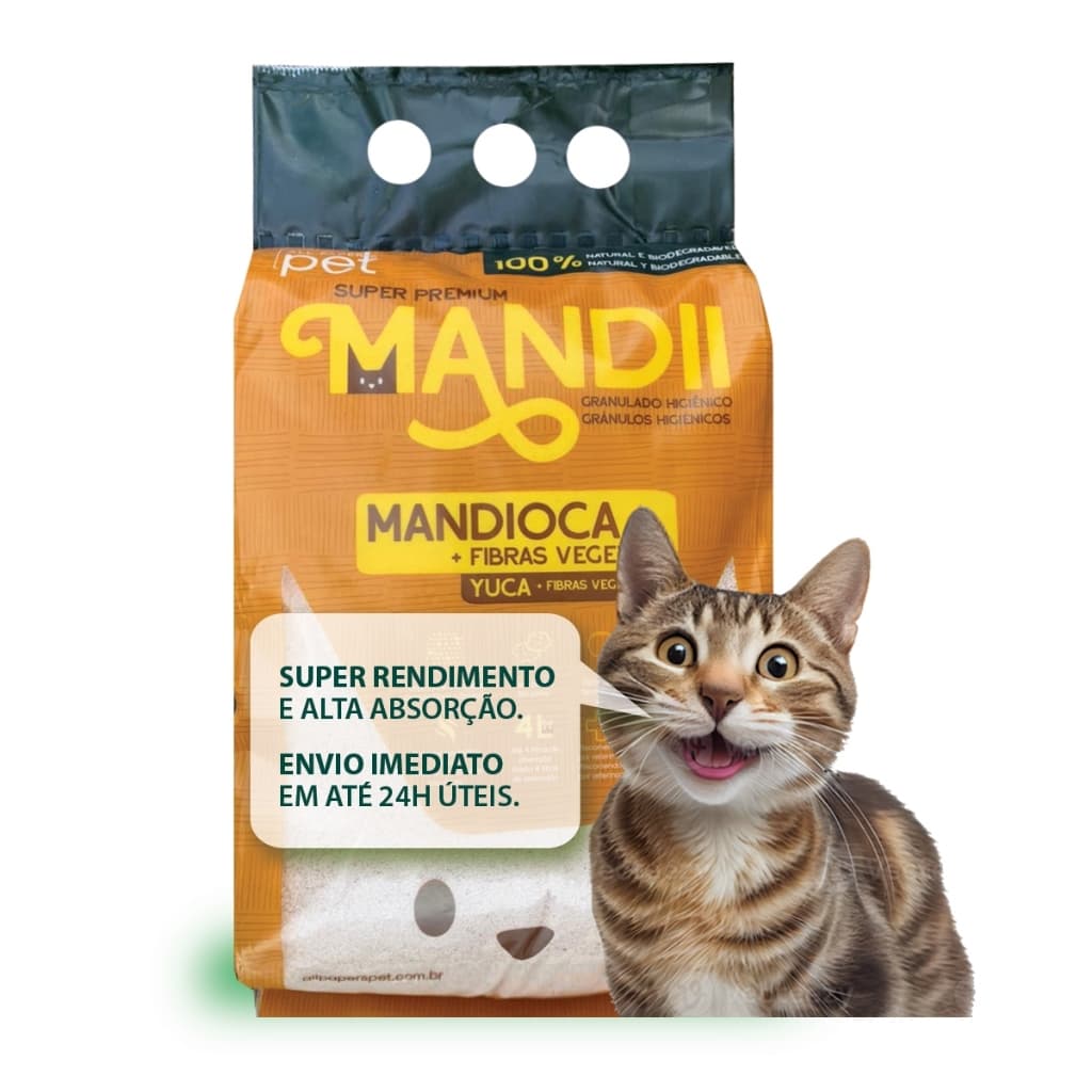 Areia De Mandioca Para Gatos Biodegradável Mandii Grãos Super Finos 2,6kg