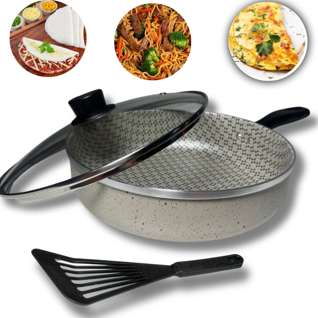 Frigideira 24 CM antiaderente com fundo usinado + Tampa de vidro.