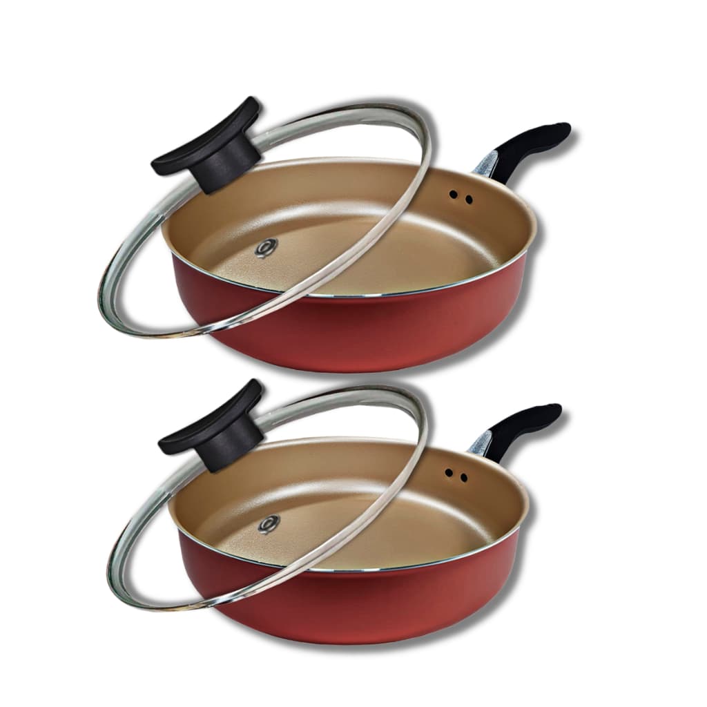Kit 2 Frigideiras Antiaderentes Com Tampa de Vidro Tamanho 18 e 20cm 5 Camadas de Teflon Cor Cereja