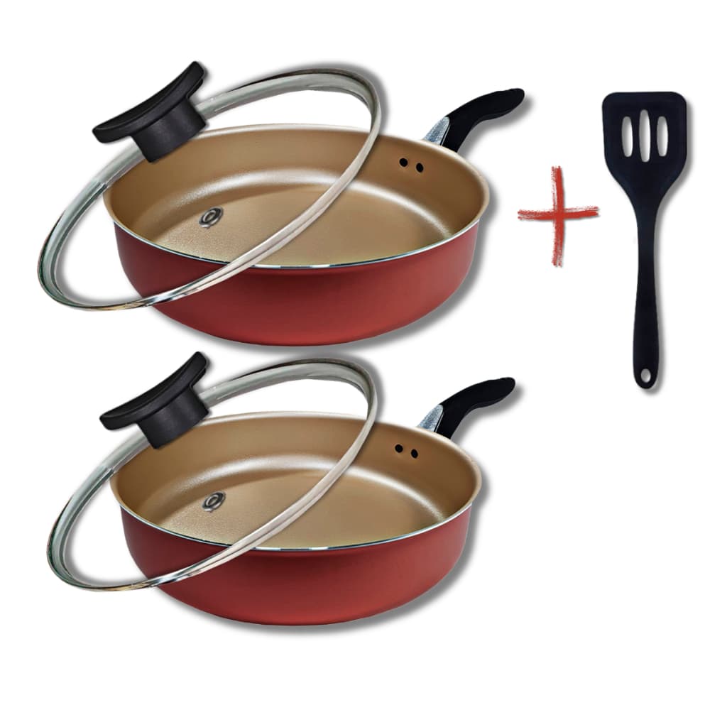 Kit 2 Frigideiras Antiaderentes Com Tampa de Vidro Tamanho 18cm e 20cm Cor Cereja Fácil de Limpar + Espátula Nylon
