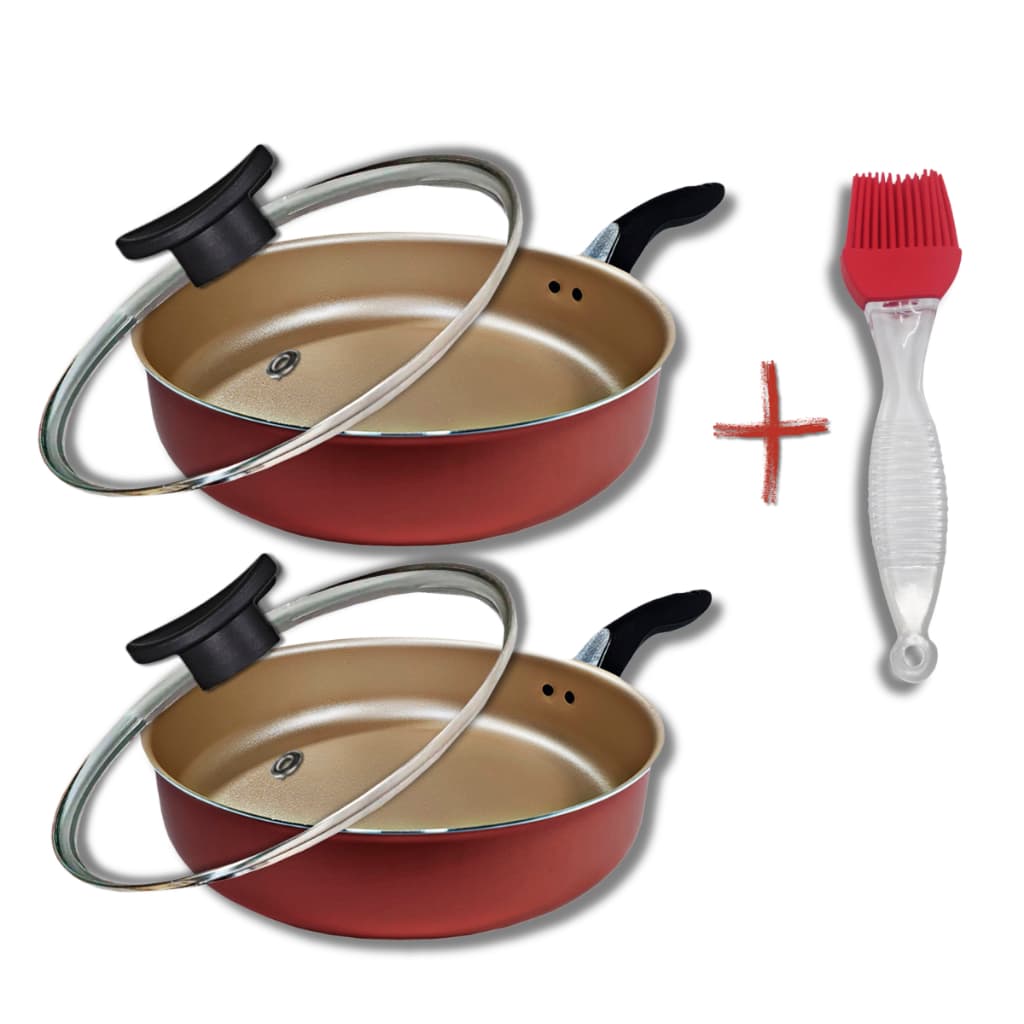 Kit 2 Frigideiras Antiaderente Com Tampa de Vidro Tamanho 18cm e 20cm Cor Cereja + Pincel Vermelho