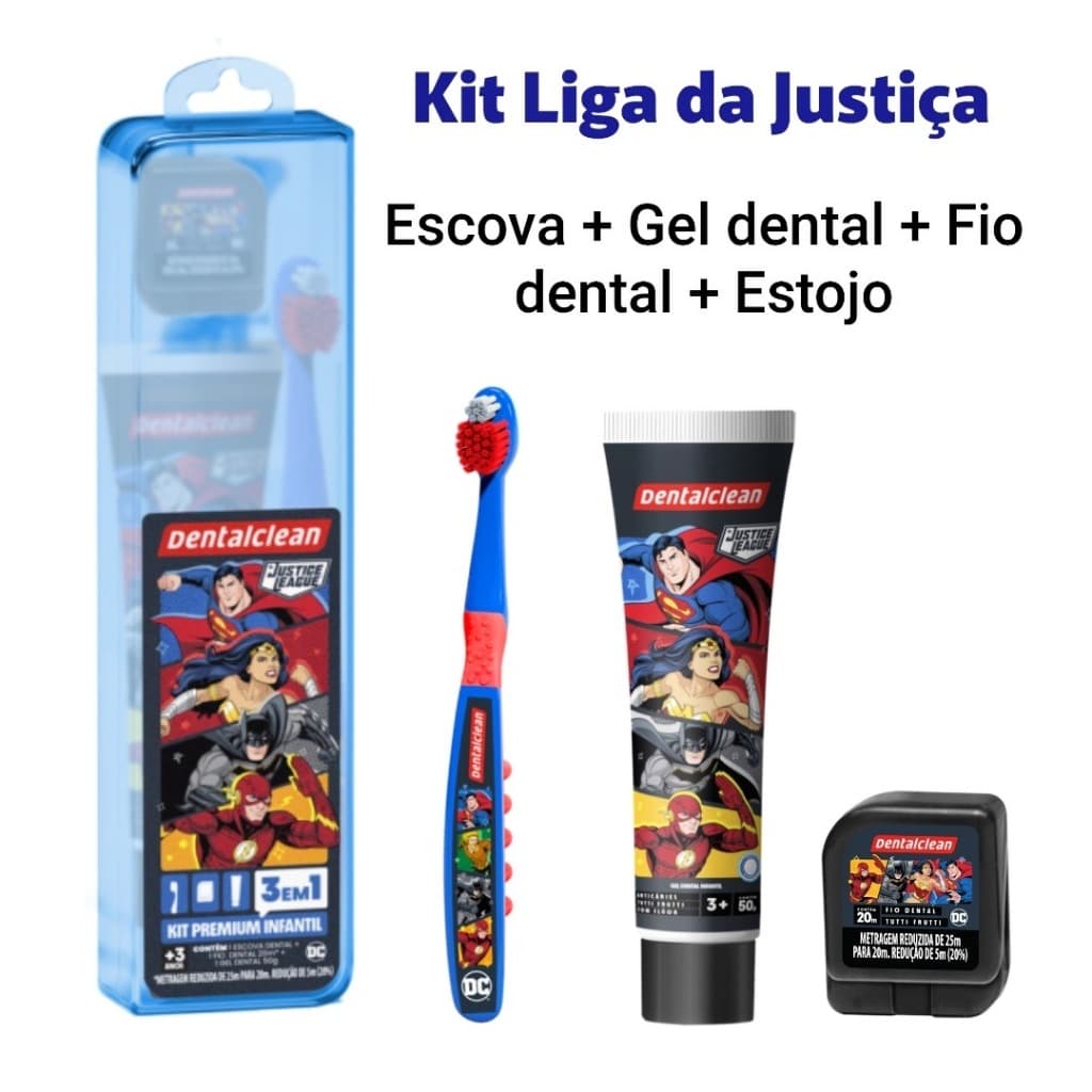 Kit Escova de dente infantil + Fio dental + Gel dental infantil Liga da Justiça