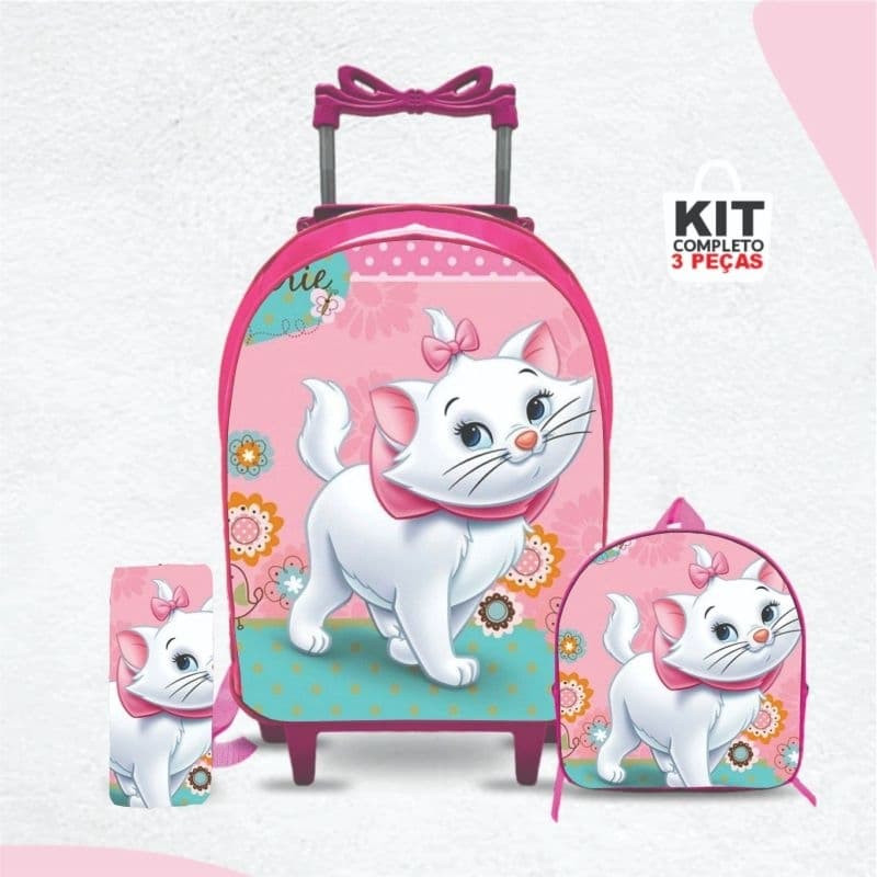 Kit mochila escolar Gata Marie com lancheira e Estojo -Carrinho com Rodinhas - Menina - Feminino