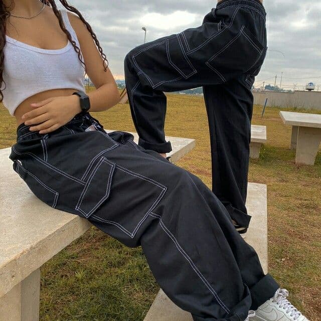 Calça Cargo jeans e sarja LARGA Skate Preto 6 Bolsos C-Cordão Unissex Aesthetic