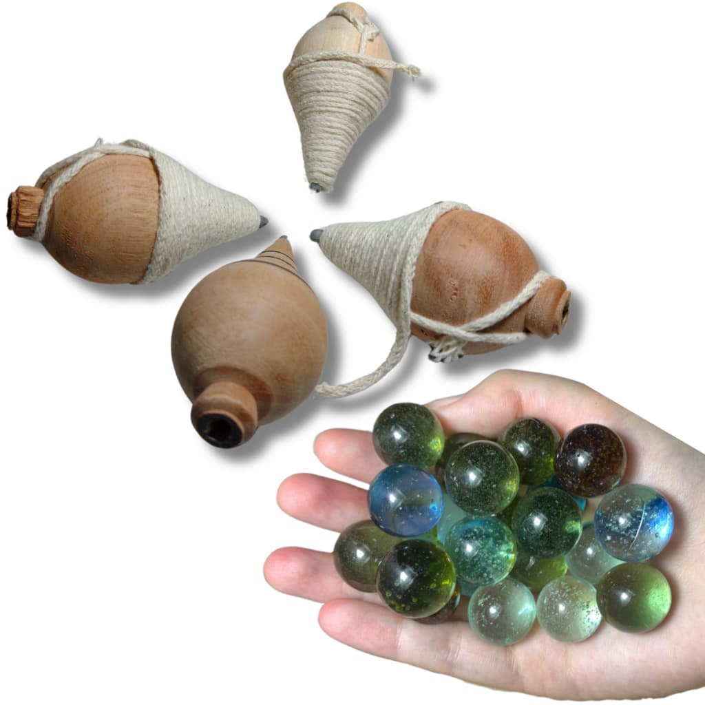 Kit 40 Bolinhas De Gude Vidro burquinha fubeca colorida com 4 Piões carrapeta De Madeira