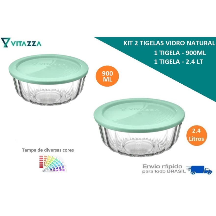 Kit Conjunto 2 Tigelas De Vidro Com Tampa Plastica 900ml e 2.4L Oceani Vitazza