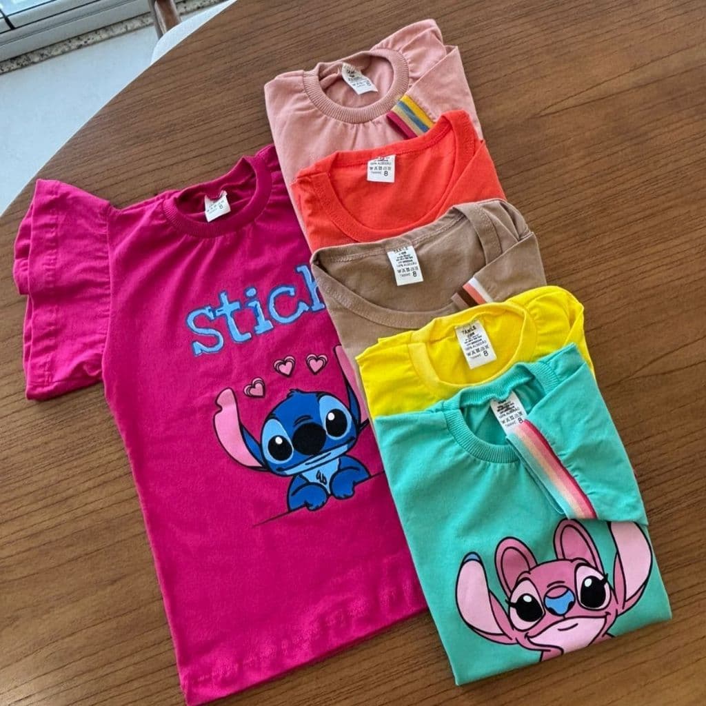 kit Com 5, Kit com 3 ou Kit com 2 Peças Tshirt infantil blusinha feminina manguinha bufante + barrinha colorida estampas