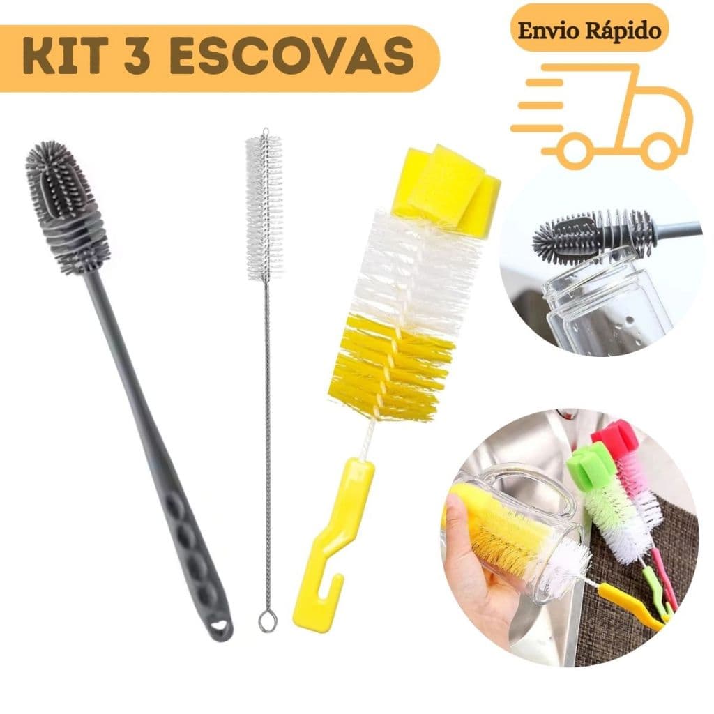 Kit 3 Escova Mamadeiras Lava Garrafas Esponja Limpeza Limpa Canudo Para Casa