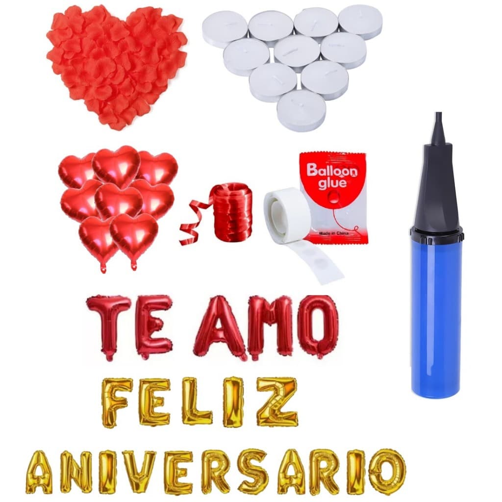 100 Pétalas + 10 Velas + 10 Balão Coração + Te Amo + Feliz aniversário + Fiitilho + Adesivo Cola Balão + Bomba de Ar