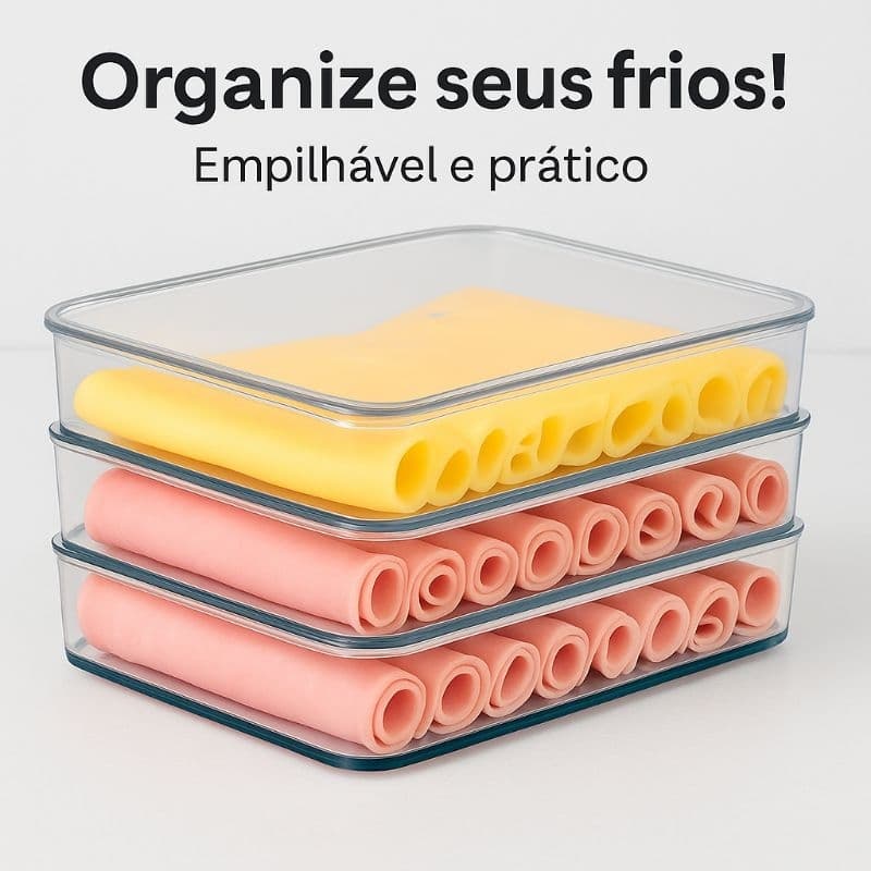 Porta Frios Hermético Presunto Queijo Kit Acrílico Resistente Triplo Pote Mantimentos