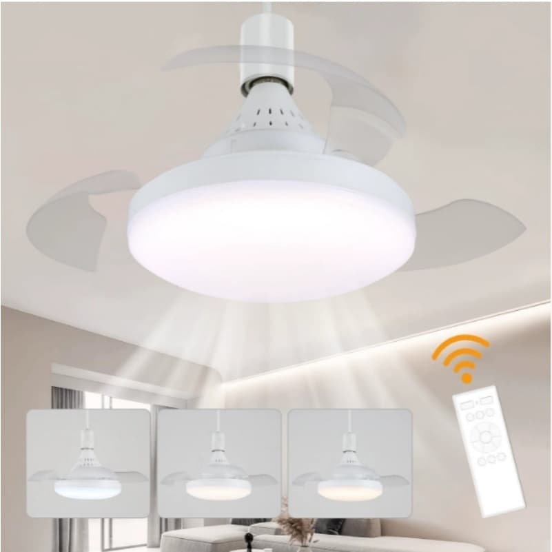 Ventilador De Teto Retratil 80W Lâmpada 3 Cores E27 Silencioso Bivolt Com Controle