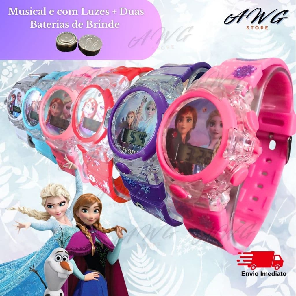 Relógio Infantil Frozen De Menina Feminino Digital Rosa Led Luz E Som Colorido Promoção