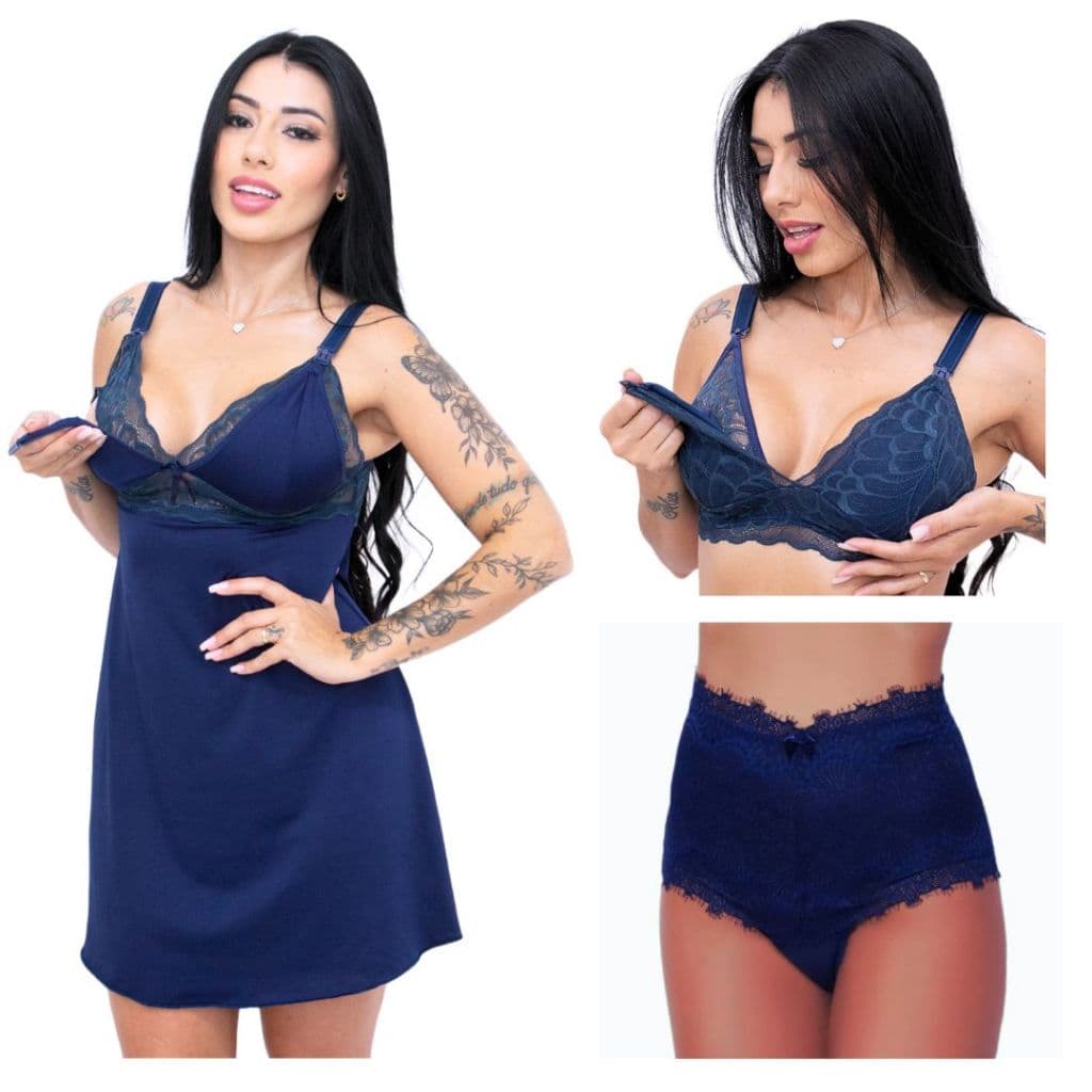 Kit de Amamentação Camisola Pós Parto Sutiã de Amamentar e Calcinha Pós Parto Para Maternidade