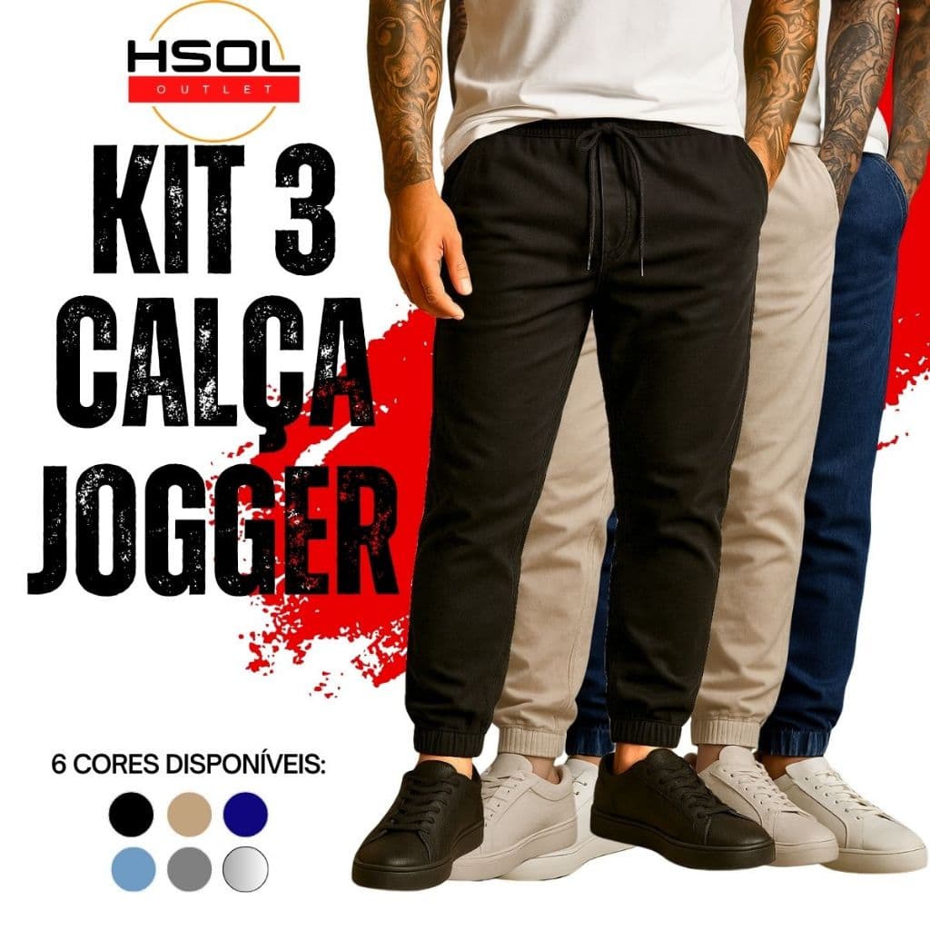 Kit 3 Calças Jogger Masculina Sarja Slim Fit com Punho e Bolsos