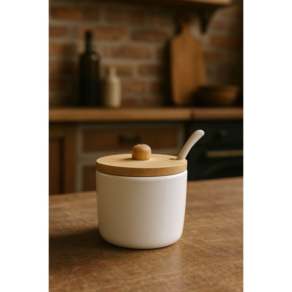 Pote Cerâmica Colher Tampa Madeira Pinus Perfeito Açúcar Sal Café Tempero