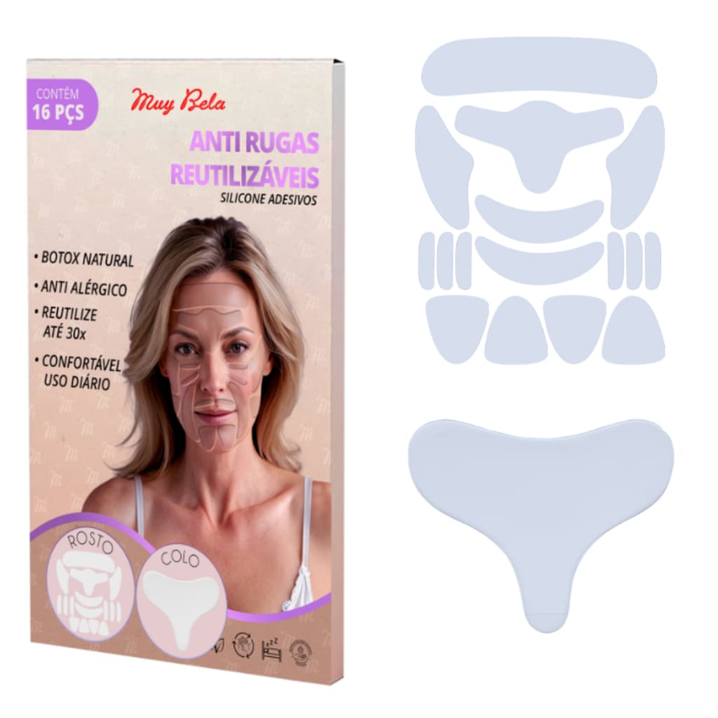 Kit com Adesivo Anti Rugas Silicone Rosto 16 Peças + 1 Peça Peito Colo Muy Bela Lavável Reutilizável Skin Care Colágeno
