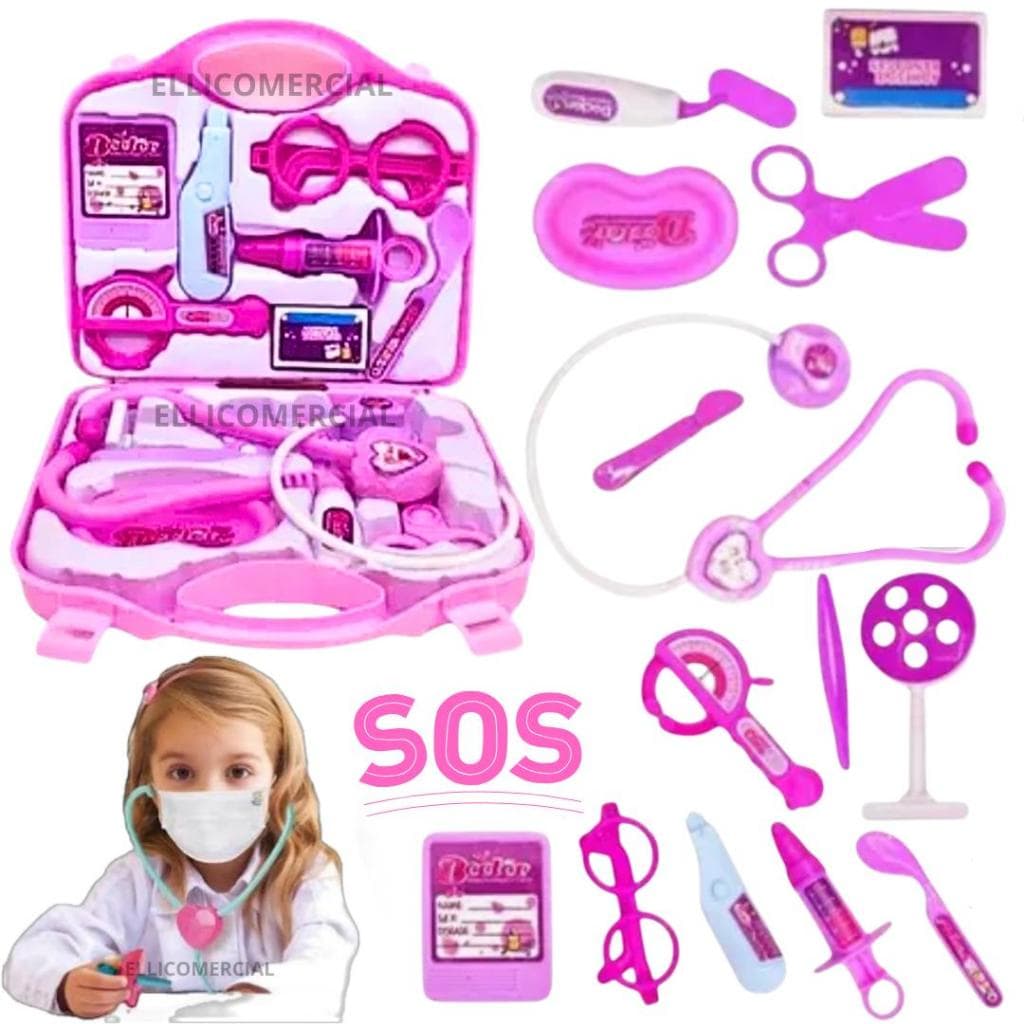 Maleta Kit Médica Infantil Educativo Divertido Brinquedo Menina Mini Doutora Rosa 14 Peças