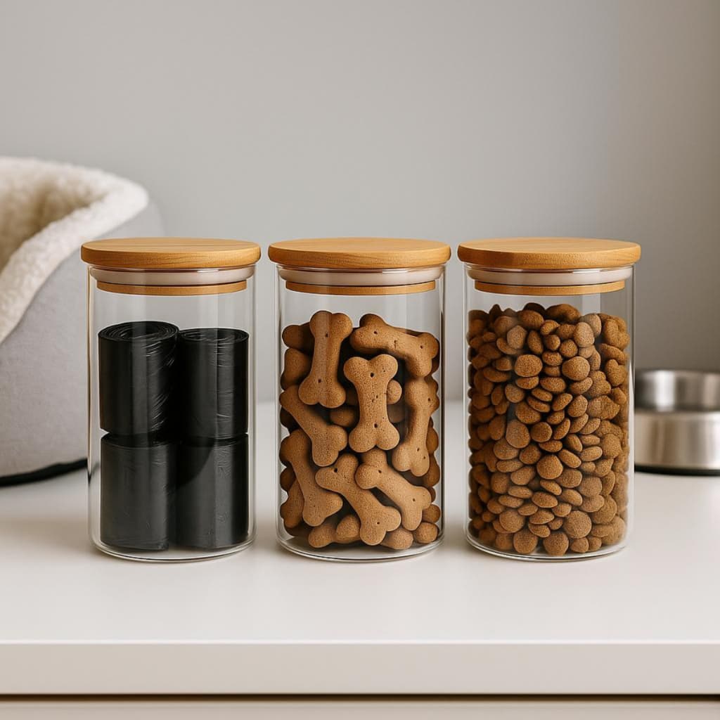 Kit 3 Potes de Vidro Hermético com Tampa de Bambu 1000ml e 600ml Armazenamento Ração Petiscos PET Gato Cachorro Pássaros