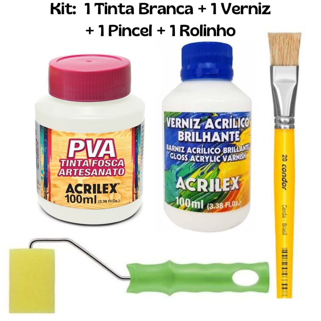 Kit 1 Tinta Branca 100ml + 1 Verniz + 1 Pincel 456-20 + 1 Rolinho