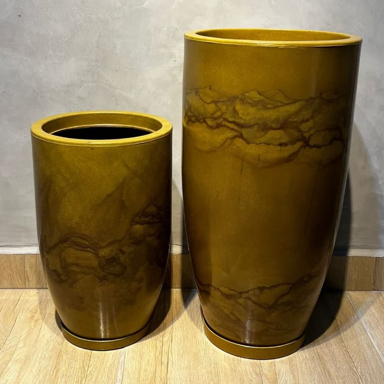 Kit 2 Vasos Marmorizados Decorativos Grande Para Plantas Flor Jardim Polietileno Coluna polida N1+ N2 Com Prato Kiluxo