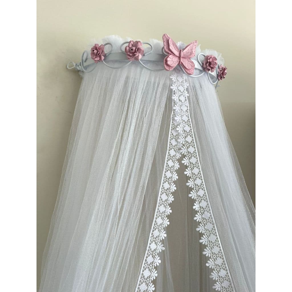 Dossel Arabesco Branco  Flor e Borboleta Rosa Mosquiteiro Tule Renda