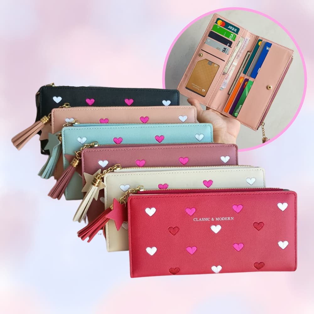 Carteira Feminina Grande Corações PU Sintético com Pingente Elegante