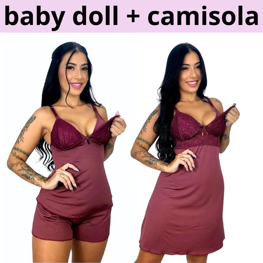 Kit Baby Doll + Camisola Amamentação Pós Parto Com Renda Abre Fácil Gestante Maternidade Grávida