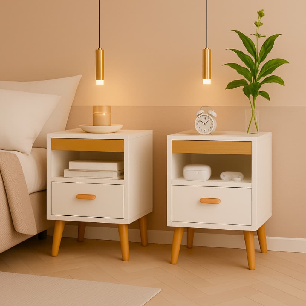 Kit 2 Mesa De Cabeceira Para Quarto Com Pés e Gaveta Com Nicho Criado Com 2 Unidades Mesinha Canto