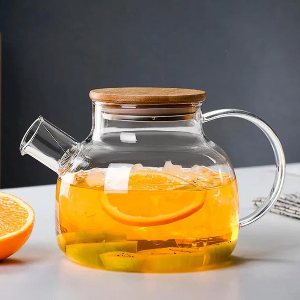Chaleira de Vidro Tampa de Bambu Jarra Bule infusor Resistente a Calor Borossilicato 1L Cozinha