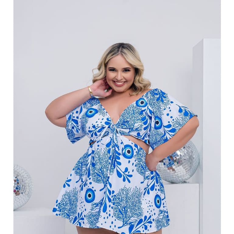 Macaquinho Short Saia Plus size  Duna Com Elastex Atrás, Vestindo Do48 a54 Estampas Exclusiva Tendência moda blogueira