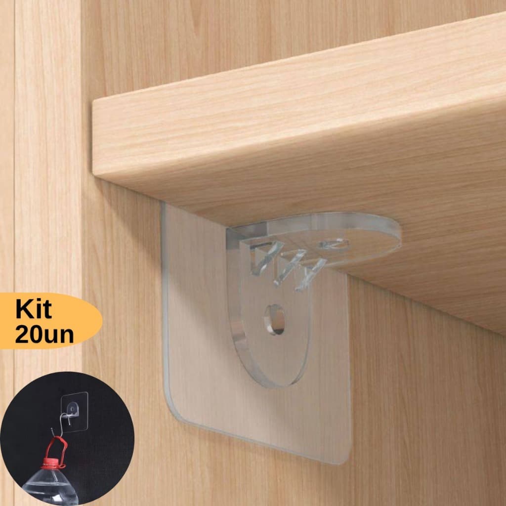 Kit até 20 Suporte Reforçado Adesivo Mão Francesa Cantoneira Prateleira Transparente Sem Furos