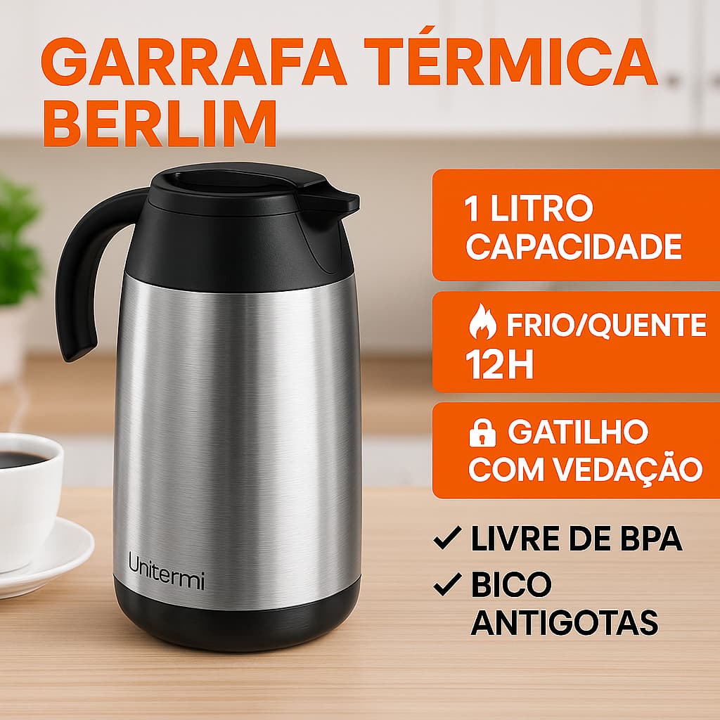 Garrafa Térmica🔥 Inox Berlim 1L/600ml ❄️ Café ☕Chá 🍵Tererê Leite🥛 Chimarrão🧉 Unitermi